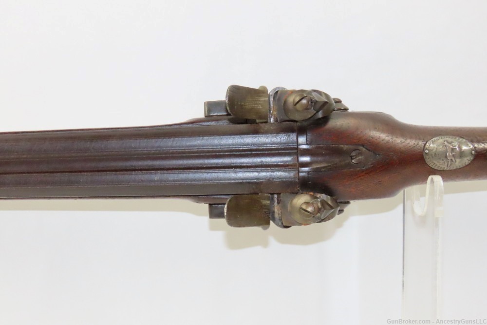 Antique 16 g. DOUBLE BARREL Side x Side FLINTLOCK Shotgun SILVER ESCUTCHEON-img-10