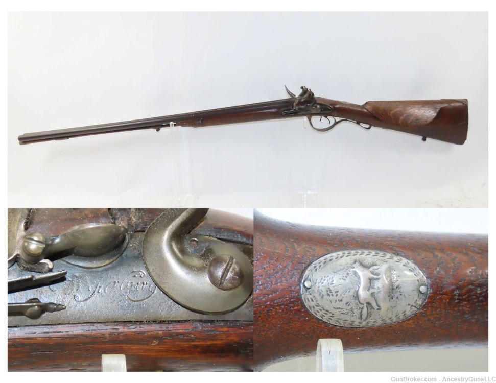 Antique 16 g. DOUBLE BARREL Side x Side FLINTLOCK Shotgun SILVER ESCUTCHEON-img-0