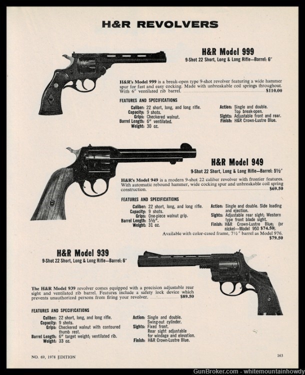 1978 HARRINGTON & RICHARDSON Model 999, 949 and 939 Revolver PRINT AD-img-0