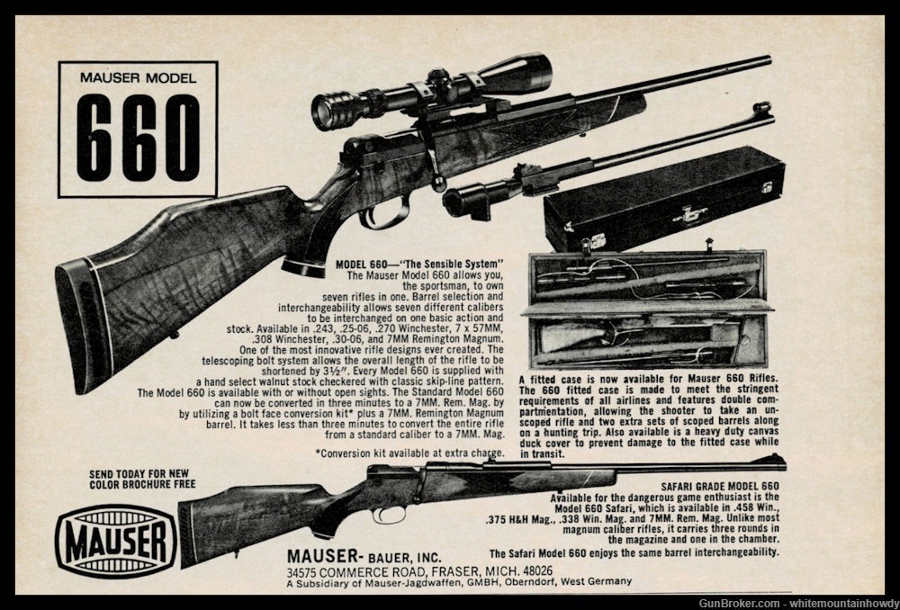 1973 MAUSER Moidel 660  Rifle Original PRINT AD shown with & without scope-img-0