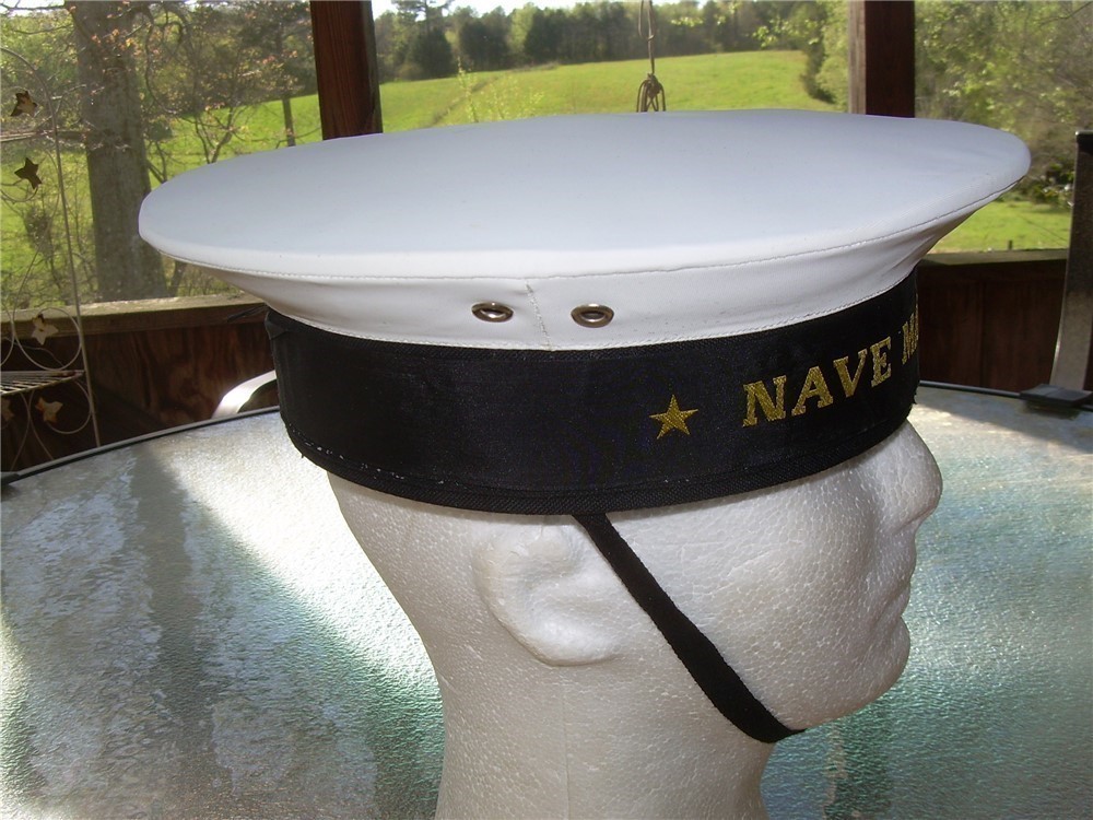 NOS Italian Flat Top Navy Sailor Hat White Pie Cap, Large size-img-2