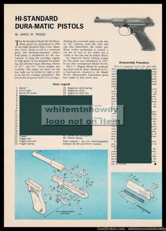 1964 HI-STANDARD Duramatic Pistol Exploded Parts List Assembly Article-img-0
