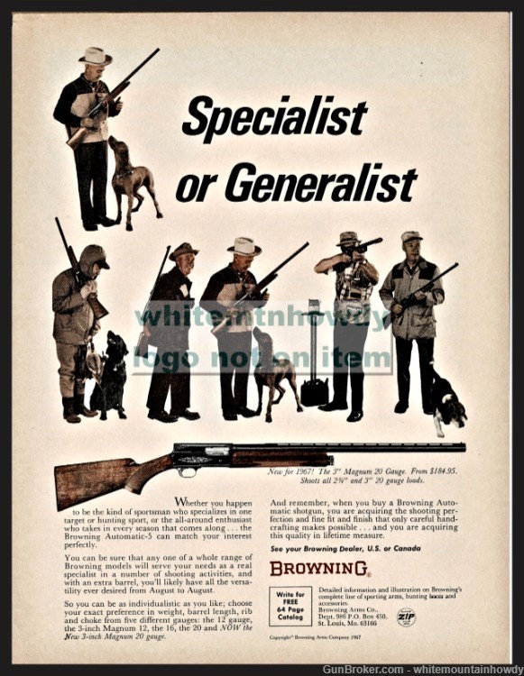 1967 BROWNING 3" Magnum 20 gauge Shotgun Original PRINT AD-img-0