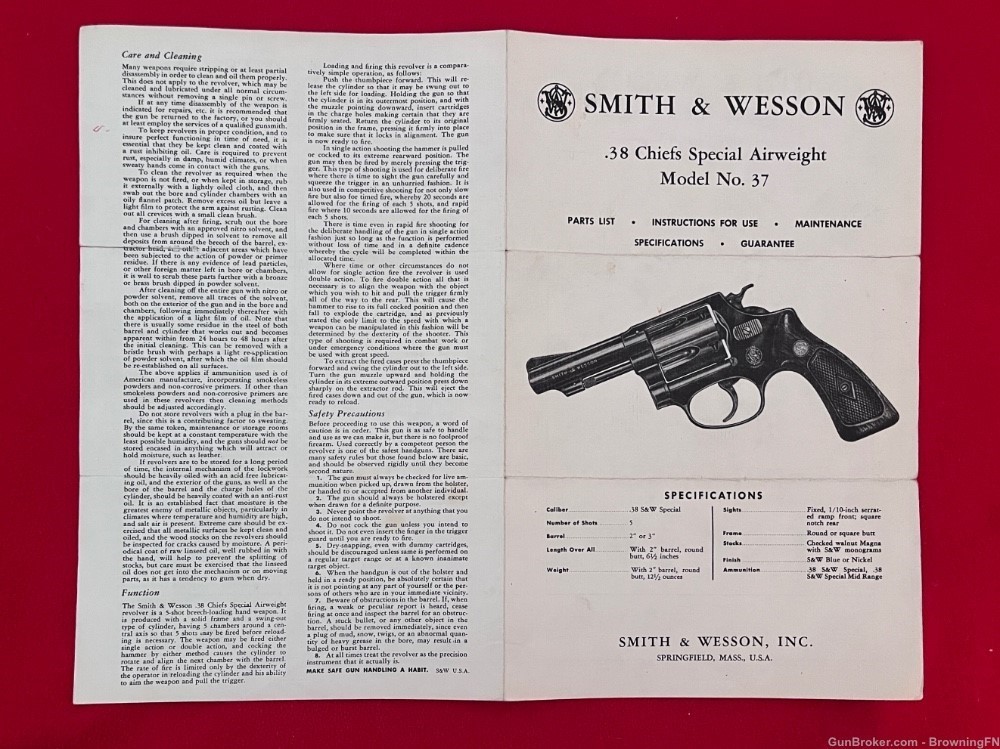 Vintage Smith & Wesson Model 37 Owners Instruction Manual S&W Airweight .38-img-2
