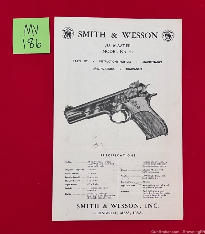 Vintage Smith & Wesson S&W Model 52 Owners Instruction Manual 38 Master-img-0
