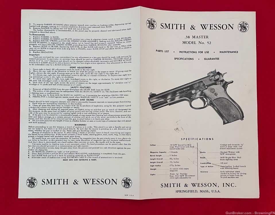 Vintage Smith & Wesson S&W Model 52 Owners Instruction Manual 38 Master-img-2