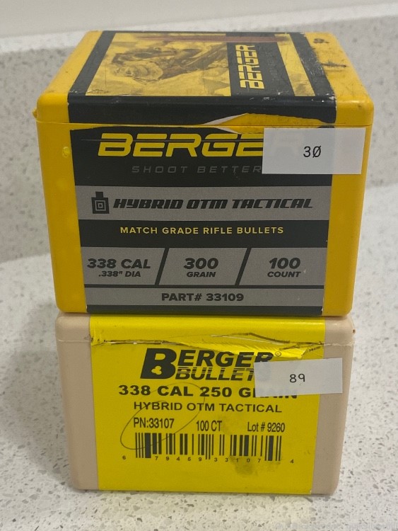 119 Count Berger Hybrid OTM Tactical 338 Cal .338” 250 & 300 Gr Bullets ...