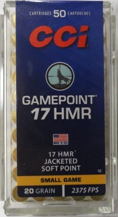 CCI 17 HMR GamePoint 20 gr Jacketed Soft Point 50 Round Box Fresh Lot 0052-img-2