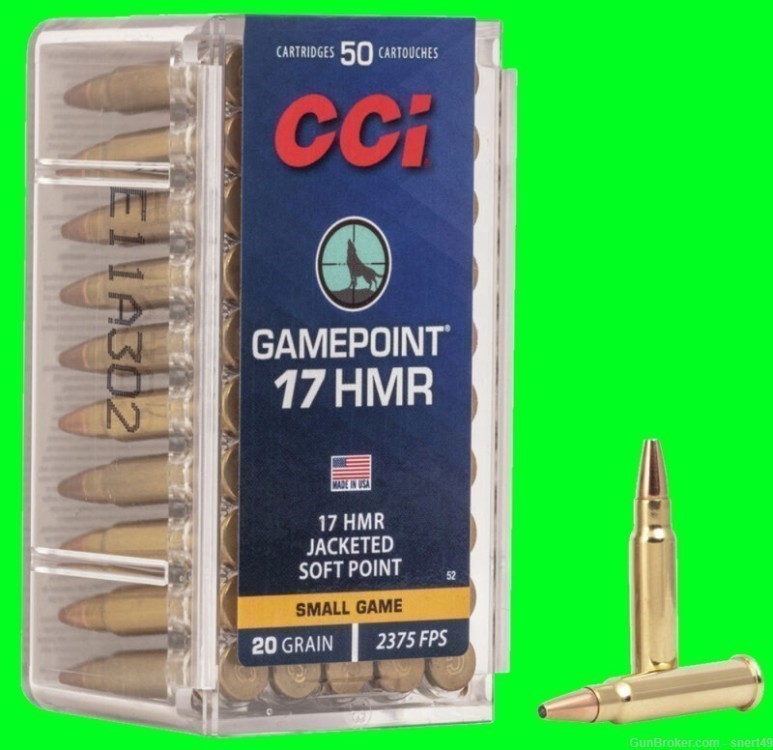 CCI 17 HMR GamePoint 20 gr Jacketed Soft Point 50 Round Box Fresh Lot 0052-img-0