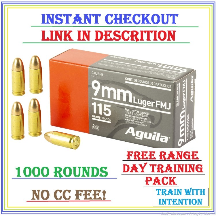AGUILA Brass 9mm 115 grain FMJ 1000 rounds (FREE RANGE DAY TRAINING PACK!)-img-0