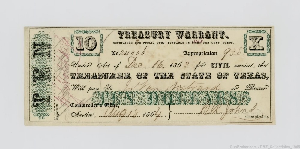 Civil War Era $10 Texas Treasury Warrant Note Money Currency-img-0