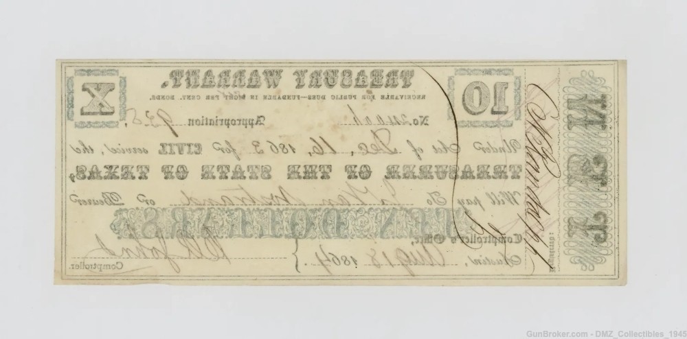 Civil War Era $10 Texas Treasury Warrant Note Money Currency-img-1