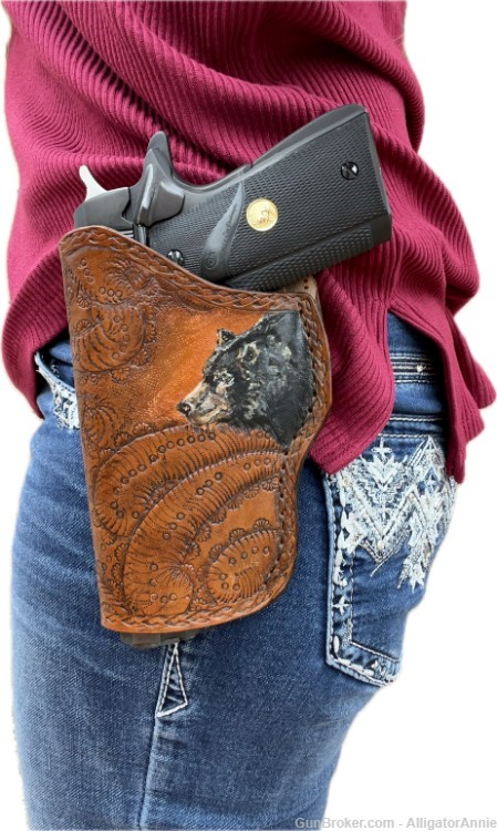 Leather Holster, LH, fits 22LR to 45 ACP Semi-Auto, Black Bear, Hand Tooled-img-0
