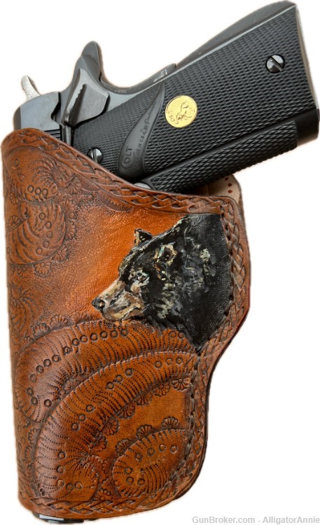 Leather Holster, LH, fits 22LR to 45 ACP Semi-Auto, Black Bear, Hand Tooled-img-1