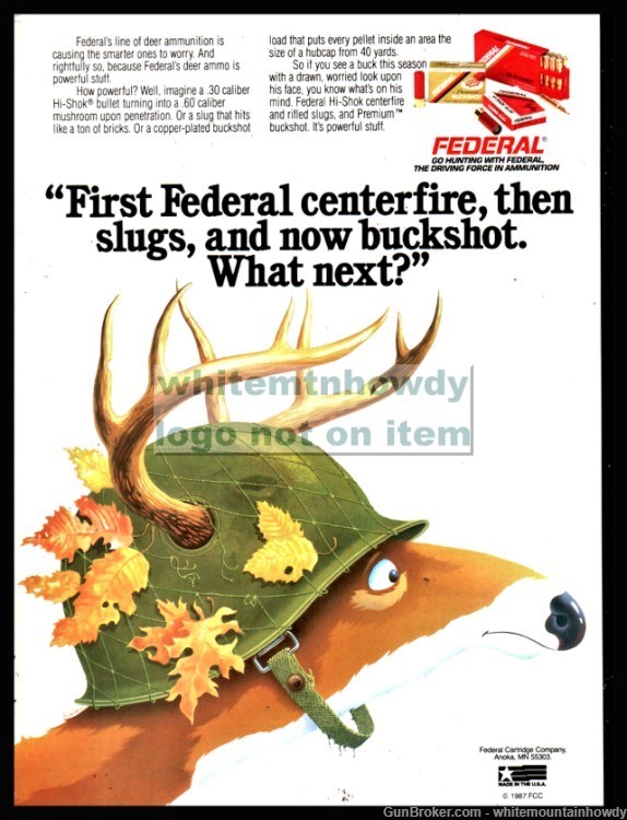 1987 FEDERAL Ammunition Fabulous Buck Deer in Army Helmet Art VINTAGE AD-img-0