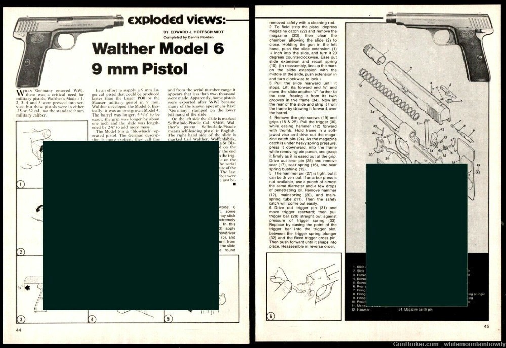 1979 WALTHER 6 9 mm Pistol Exploded View Parts List 2-pg Assembly Article-img-0