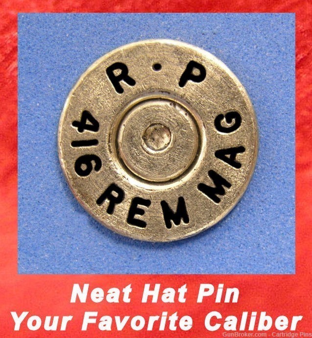 Remington R-P 416 REM MAG Nickel  Cartridge Hat Pin, Tie Tac Ammo Bullet-img-0