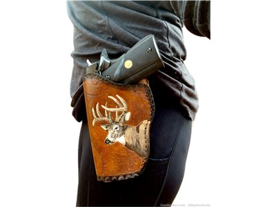 1911 Leather Holster, Deer Design, fits 22LR to 45 ACP Semi Auto, LH, USA