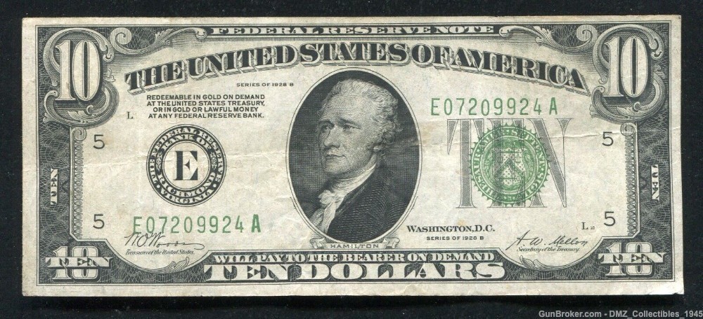 1928 $10 Federal Reserve Money Currency w/ Alexander Hamilton-img-0