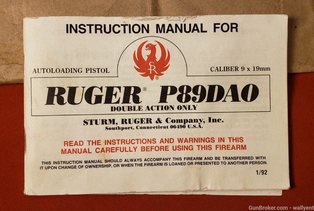 Sturm Ruger P89DAO Factory Original Manual 9MM 1992 Auto Pistol -img-1