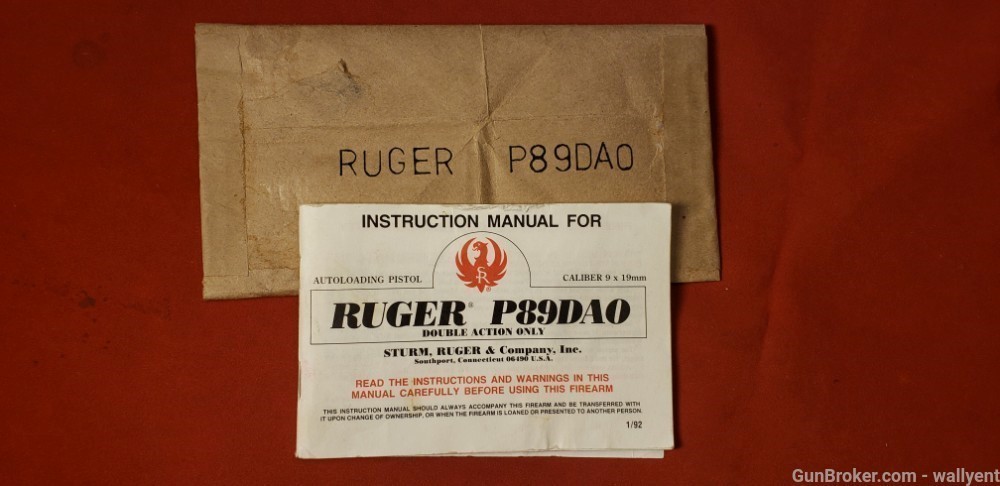 Sturm Ruger P89DAO Factory Original Manual 9MM 1992 Auto Pistol -img-0