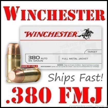 50rds Winchester .380 AUTO 95gr FMJ target Q4206 White Box + FAST SHIP-img-0