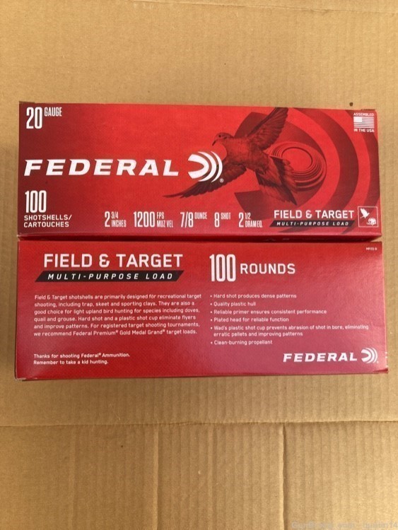 200 rounds of 20ga Federal Field and Target 2.75" 7/8oz 8 shot-img-4