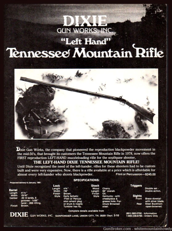 1981 DIXIE GUN WORKS Tennessee Mountain Left Hand Rifle PRINT AD-img-0