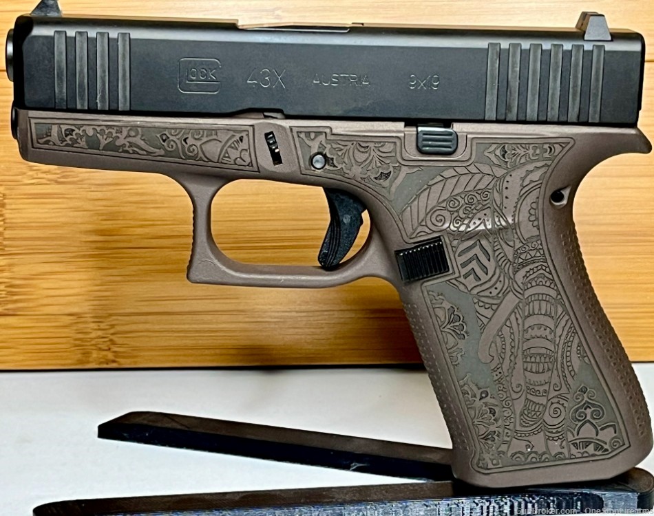 Glock 43X Custom "Vortex Bronze Elephant Engraved" 9mm Luger Pistol-img-0
