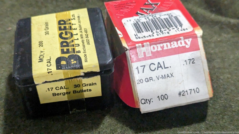 Berger / Hornady 17cal reloading bullets,  moly coated, partial boxes-img-0