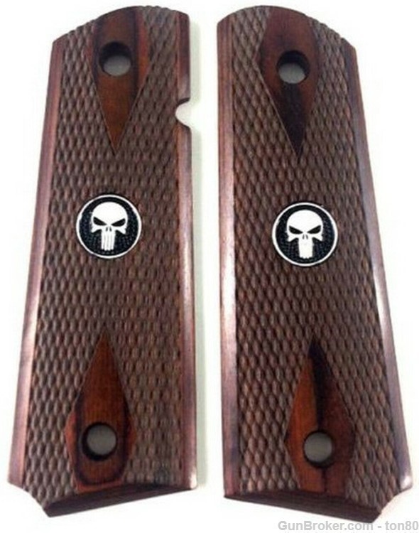 1911 COLT Diamond Checkered Rosewood Grips Punisher Medallions-img-0