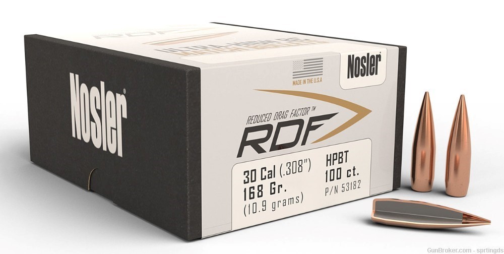 Nosler RDF 30 Cal .308" 168gr  HPBT 100ct 53182 Reloading Projectiles -img-0