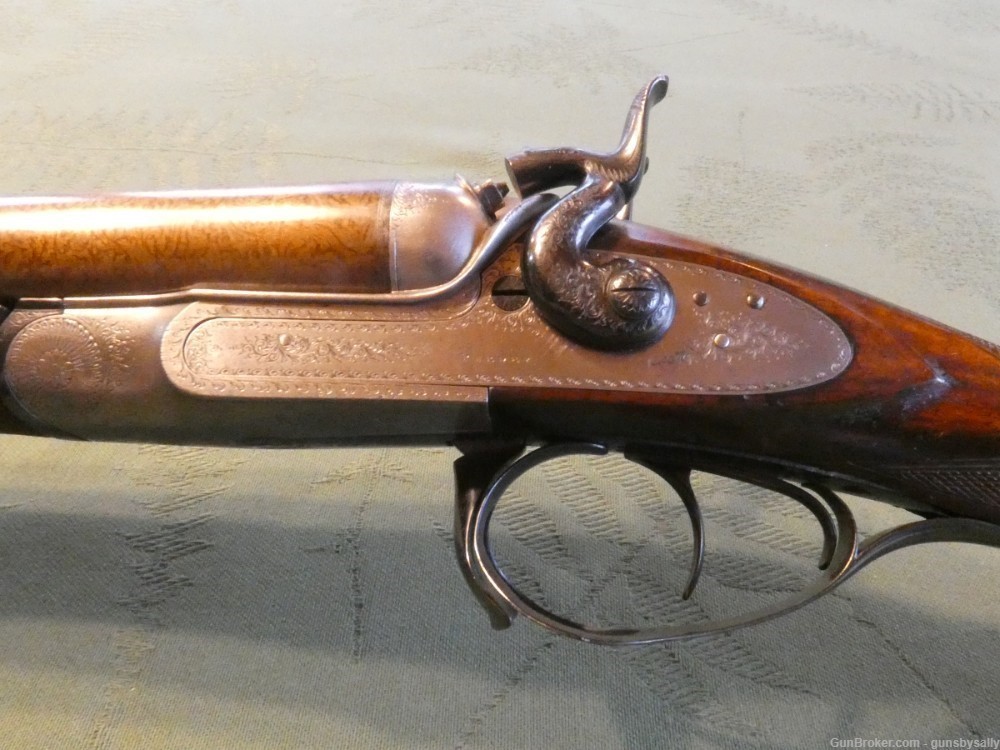 Gorgeous & Unique Engraved Purdey Thumb Opener 1863 14 Bore Hammer Double-img-4