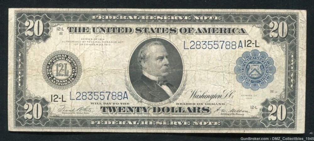 1914 US $20 Federal Reserve Note Money Currency-img-0