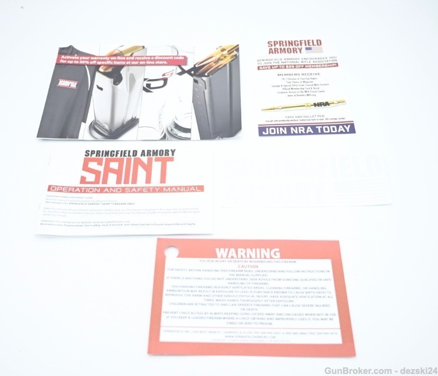 SPRINGFILED ARMORY SAINT MANUAL/INSTRUCTION BOOK WARRANTY CARD AND INSERTS-img-1