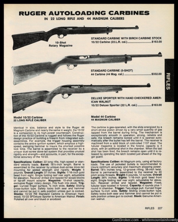 1985 RUGER Standard & Deluxe Sporter 10/22, Standard 5-shot .44 Carbine AD-img-0