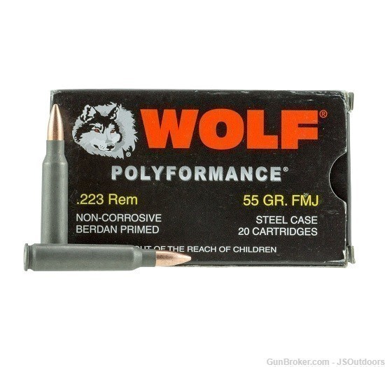WOLF POLYFORMANCE 223 REM 55GR FMJ STEEL CASE 20 ROUNDS-img-0