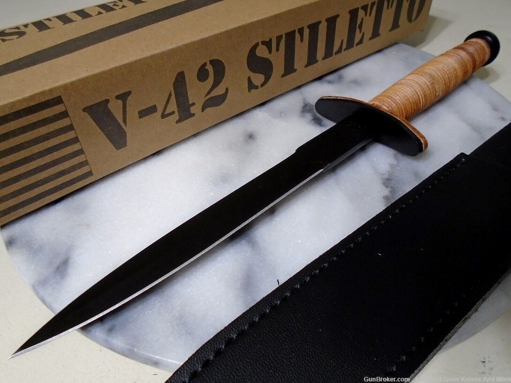 NIB Double-Edged V42 Military Stacked Leather Stiletto Dagger Knife& Sheath-img-2