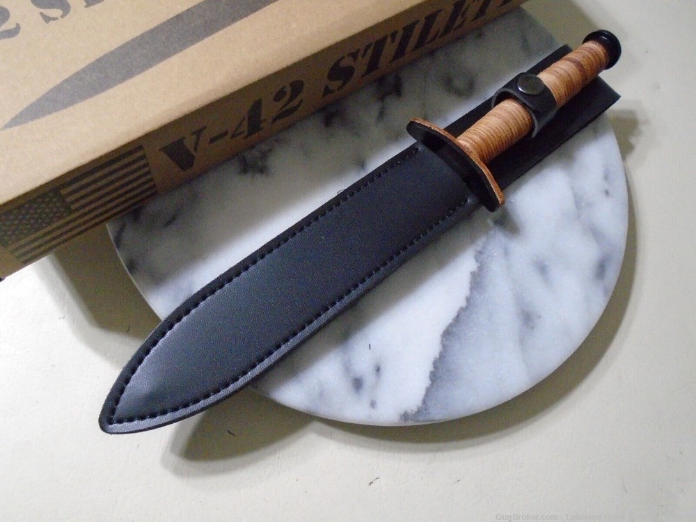 NIB Double-Edged V42 Military Stacked Leather Stiletto Dagger Knife& Sheath-img-8