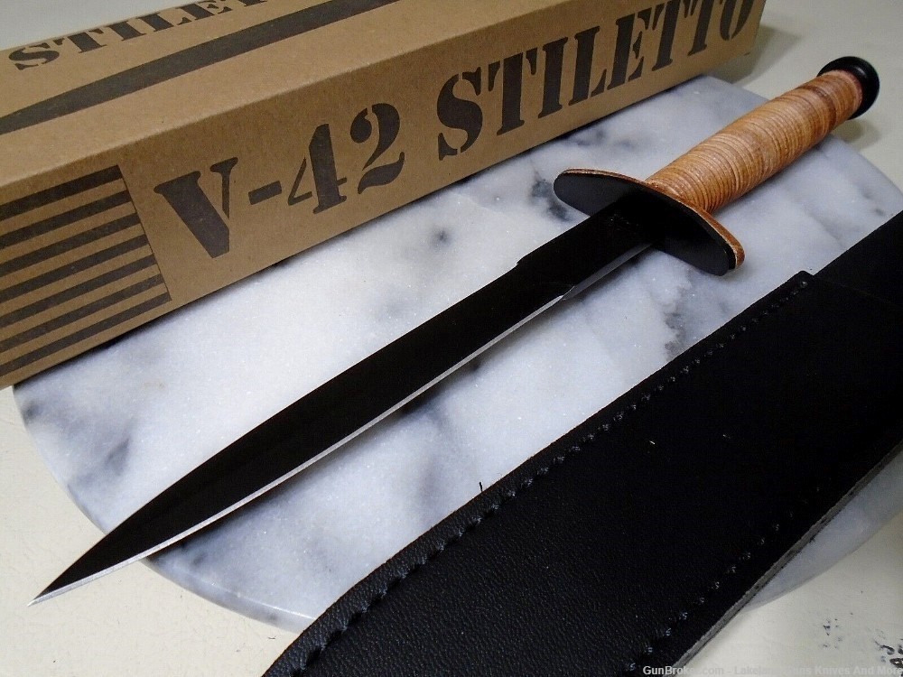NIB Double-Edged V42 Military Stacked Leather Stiletto Dagger Knife& Sheath-img-1