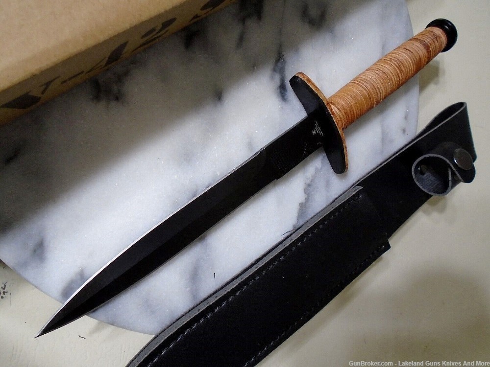 NIB Double-Edged V42 Military Stacked Leather Stiletto Dagger Knife& Sheath-img-4