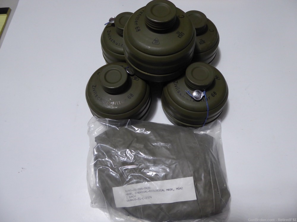 LOT OF 5 GERMAN GAS MASK FILTERS & M6A2 CHEMICAL HOOD 1980s-img-0