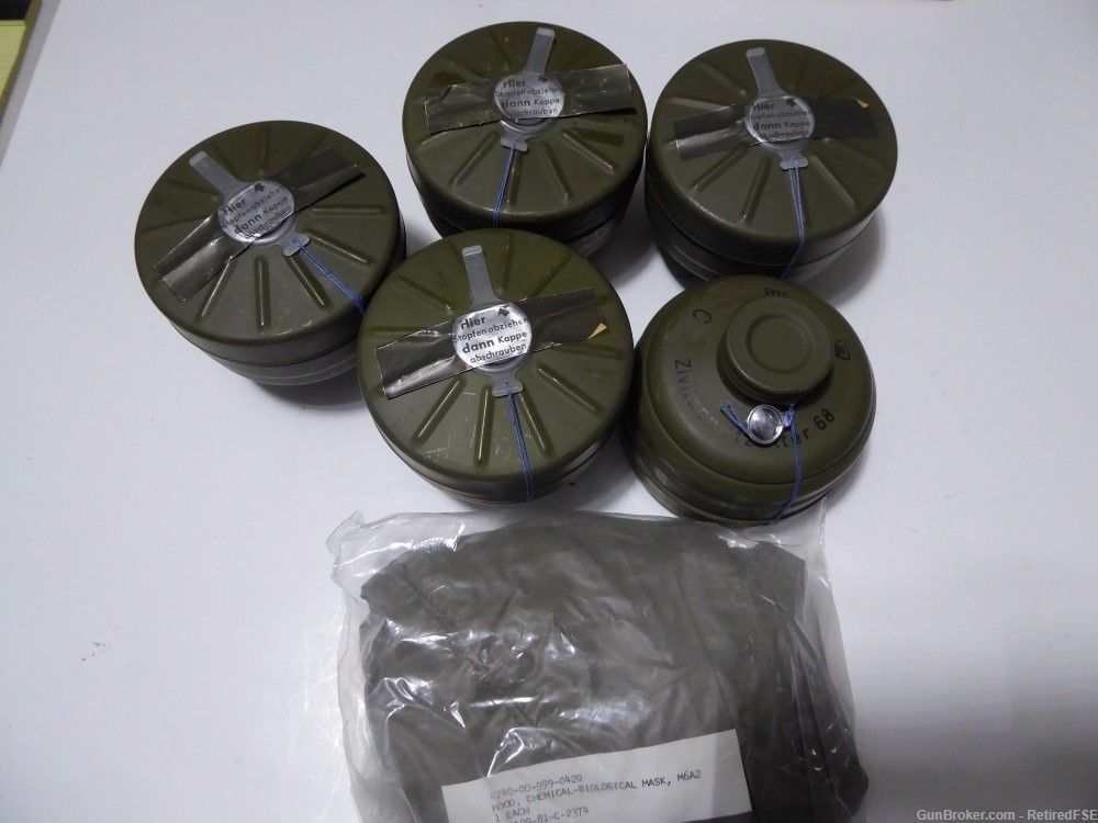 LOT OF 5 GERMAN GAS MASK FILTERS & M6A2 CHEMICAL HOOD 1980s-img-1