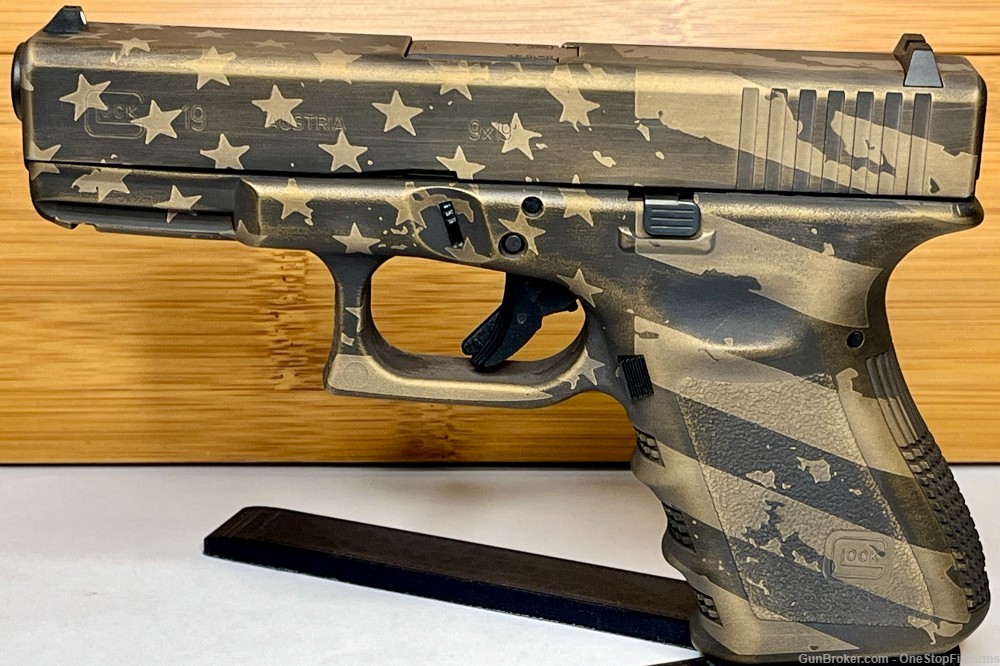 Glock 19 "USA Flag in Distressed Burnt Bronze" 9mm 15rd Pistol-img-0