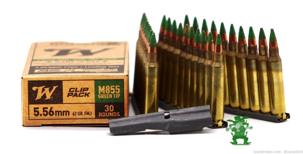 WINCHESTER 5.56mm NATO M855 62 Gr Penetrator Green Tip 30 ROUNDS + STRIP CL-img-0