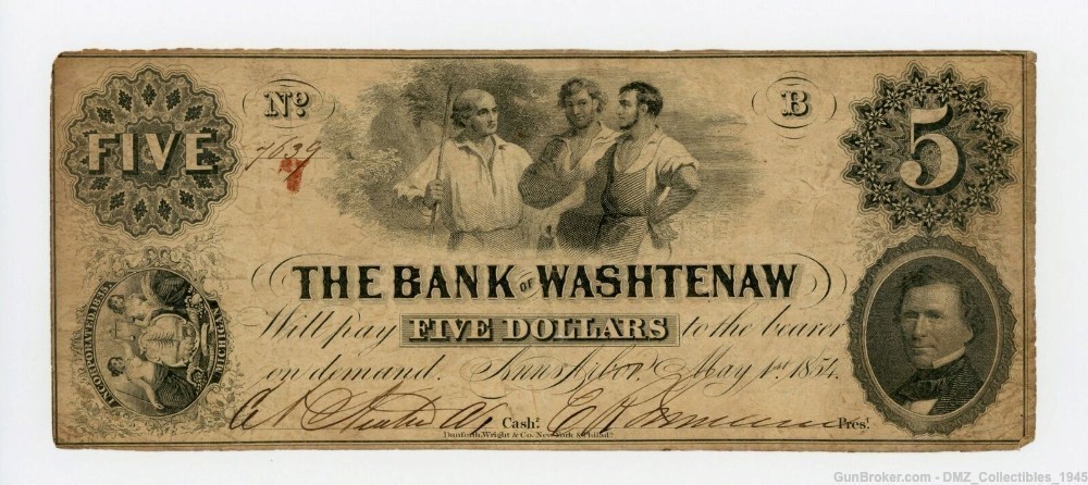 Pre Civil War 1850s $5 Michigan Bank Note Currency Money-img-0