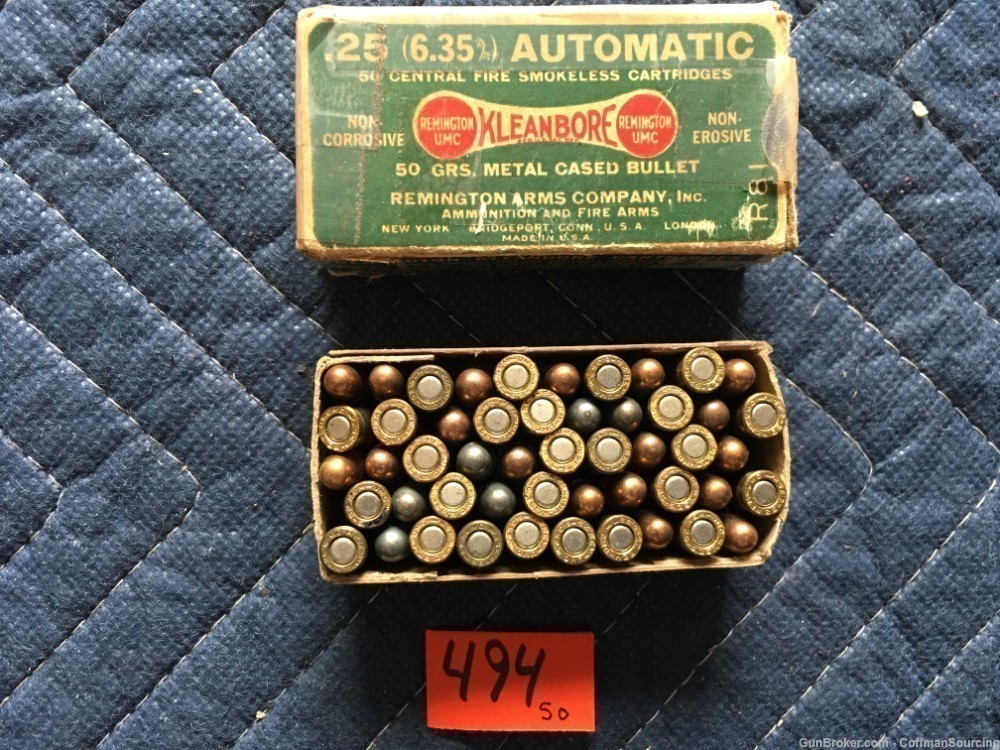 494] Vintage Box 50 Rnds Remington UMC Kleanbore 50 Grain 25 Auto Dog Bone-img-0