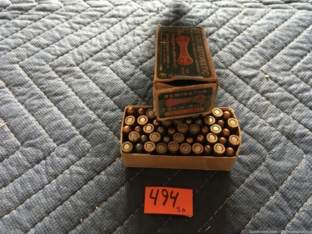494] Vintage Box 50 Rnds Remington UMC Kleanbore 50 Grain 25 Auto Dog Bone-img-2