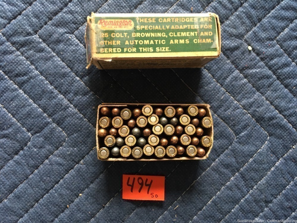 494] Vintage Box 50 Rnds Remington UMC Kleanbore 50 Grain 25 Auto Dog Bone-img-3