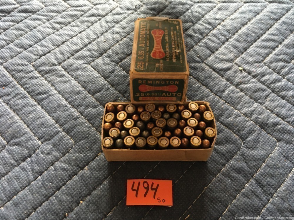 494] Vintage Box 50 Rnds Remington UMC Kleanbore 50 Grain 25 Auto Dog Bone-img-1